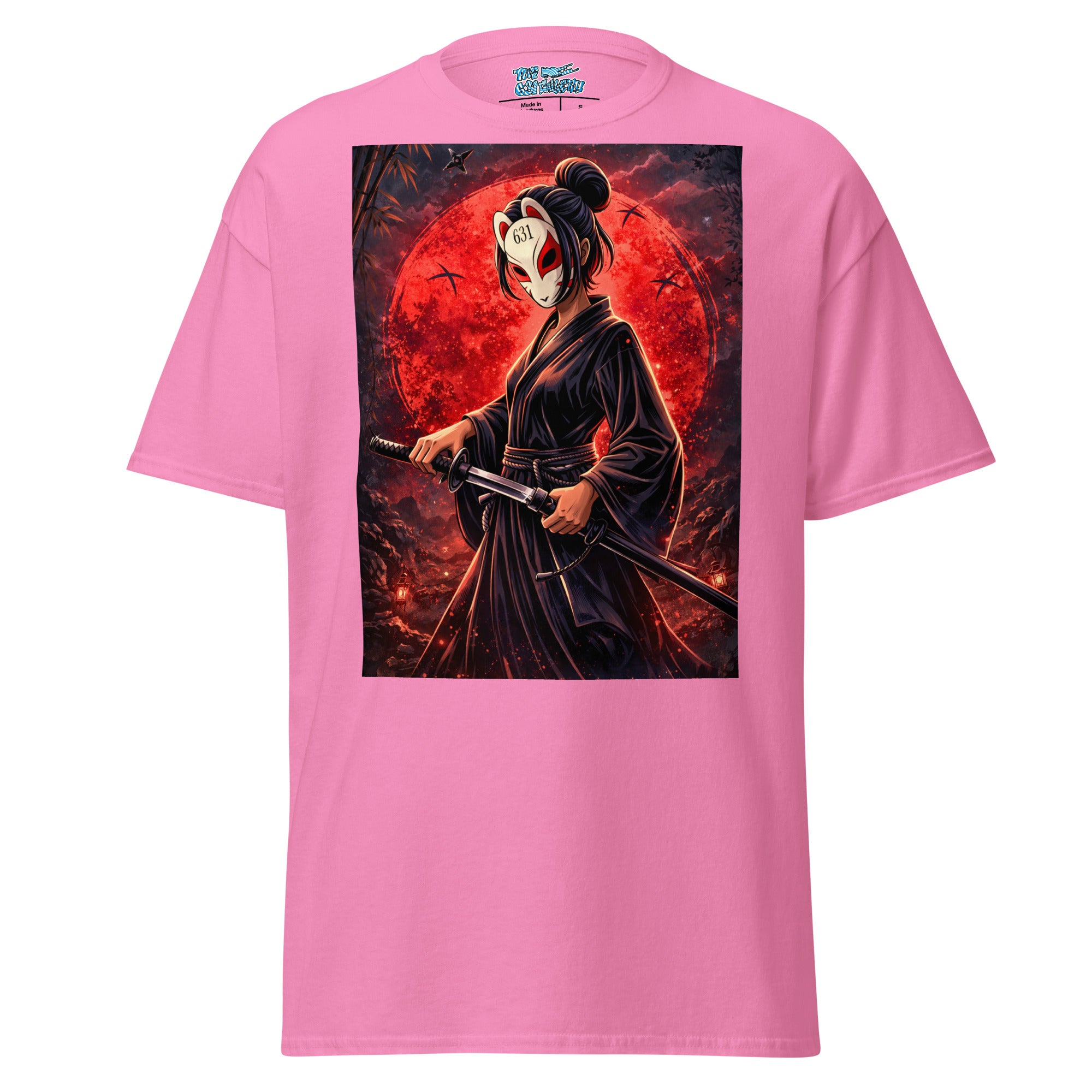 A pink short-sleeve t-shirt with a large rectangular graphic print on the front, showing a samurai woman in a black kimono holding a sword in front of a large red full moon.