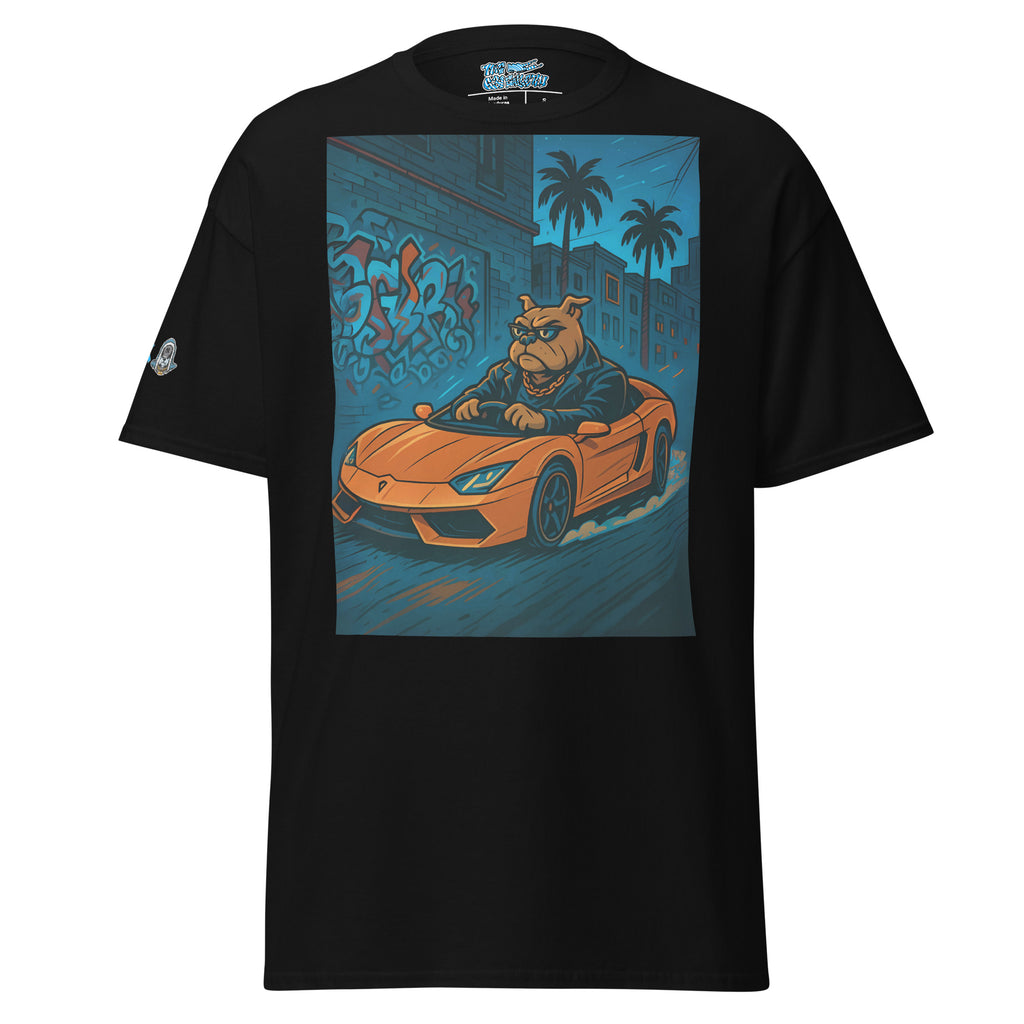 Black t-shirt with a graphic of a dog driving a car on a blue background