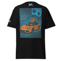 Black t-shirt with a graphic of a dog driving a car on a blue background