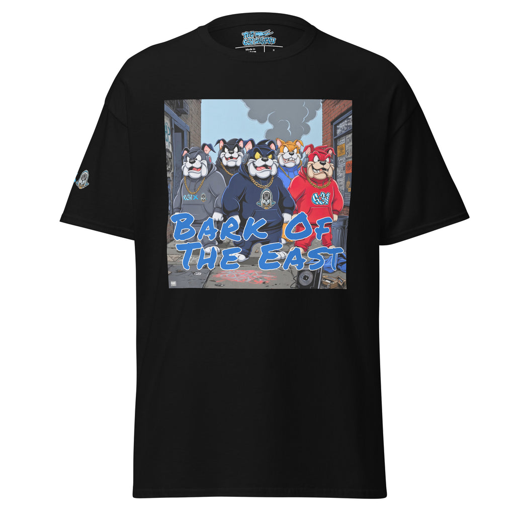 Black t-shirt with 'Bark of the East' graphic design featuring cartoon characters.