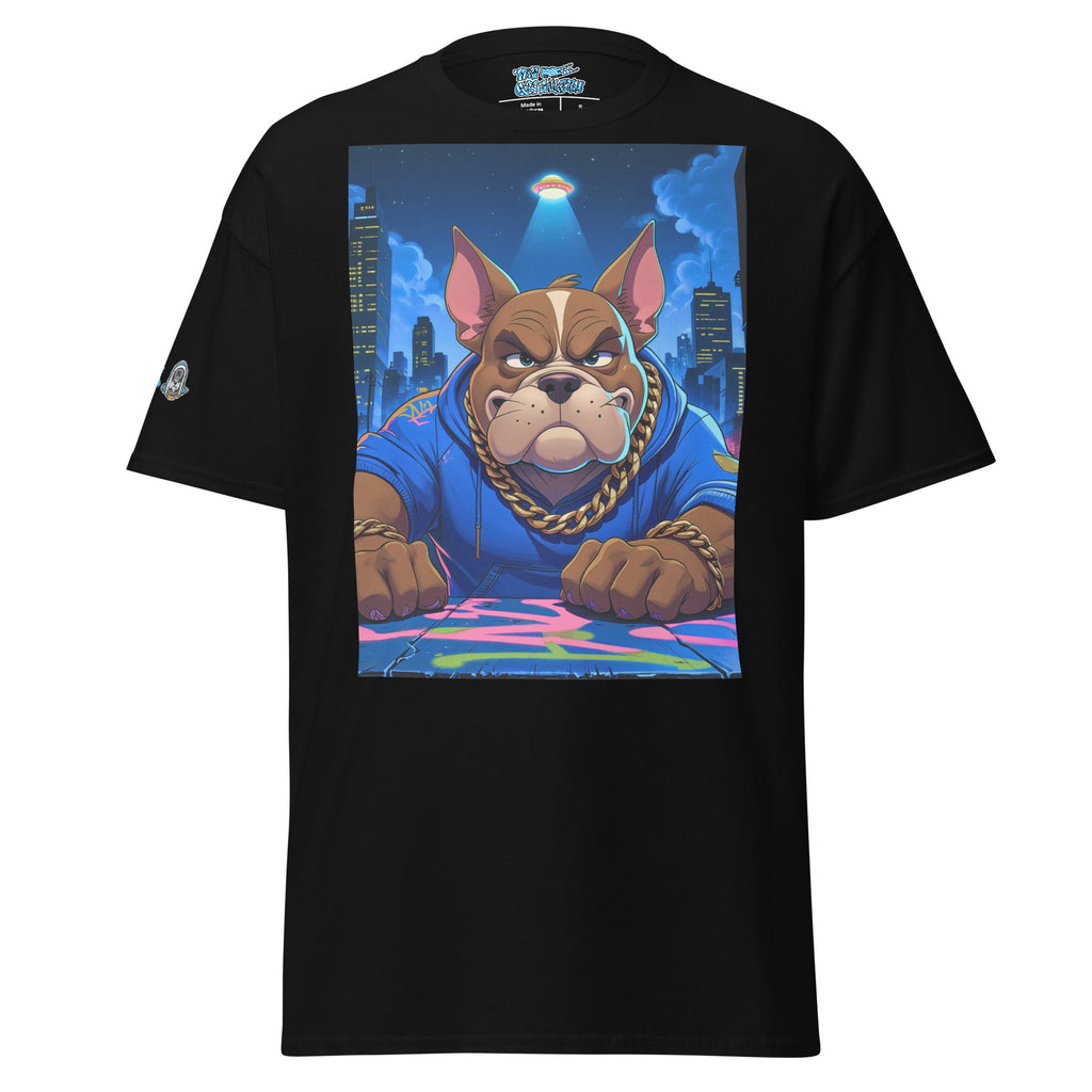 Black t-shirt with a graphic of a dog in a blue hoodie and gold chain, set against a cityscape with a UFO.