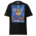Black t-shirt with a graphic of a dog in a blue hoodie and gold chain, set against a cityscape with a UFO.