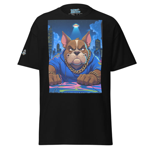 Black t-shirt with a graphic of a dog in a blue hoodie and gold chain, set against a cityscape with a UFO.