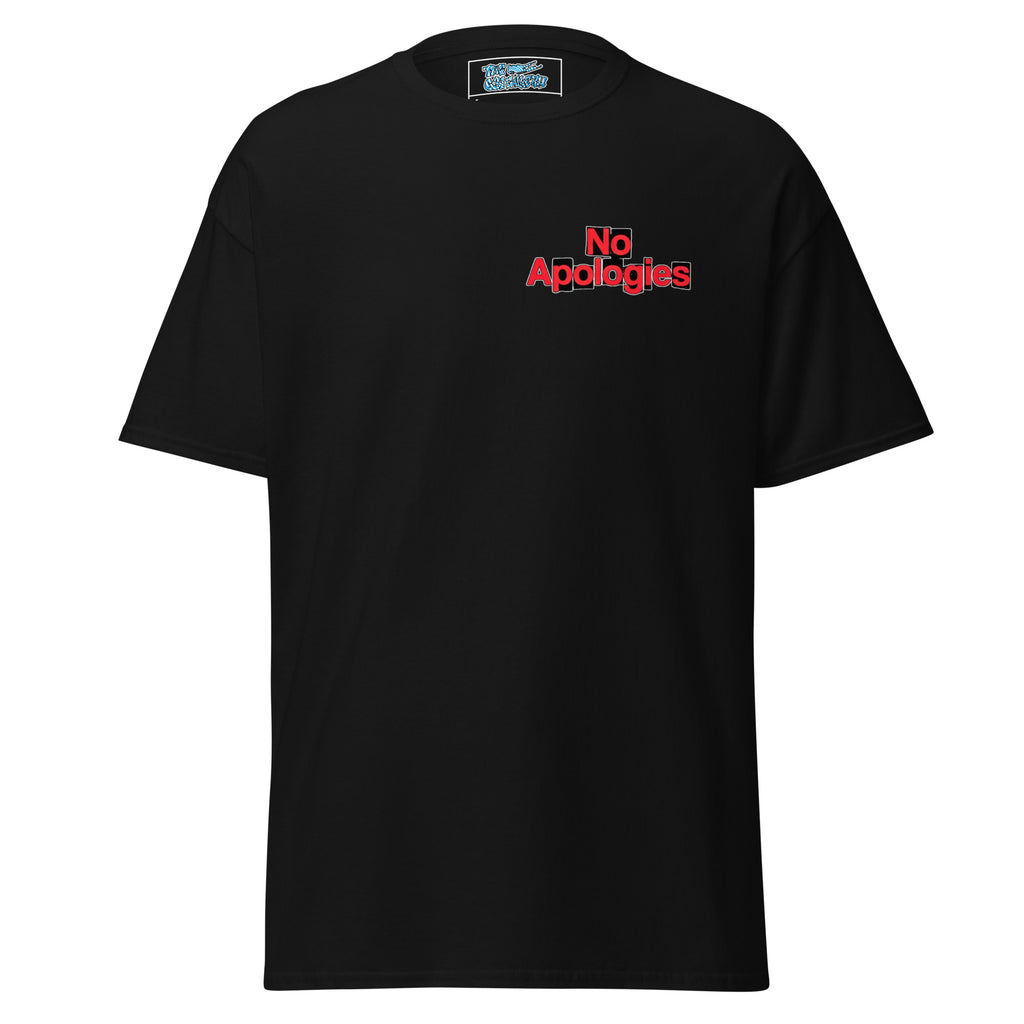 Front view of black unisex tee with small No Apologies chest logo (No Apologies x The 631 Gallery)