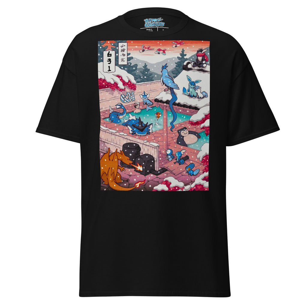 Hot Spring Retreat Tee – Black graphic tee with Japanese ukiyo-e hot spring artwork, front view