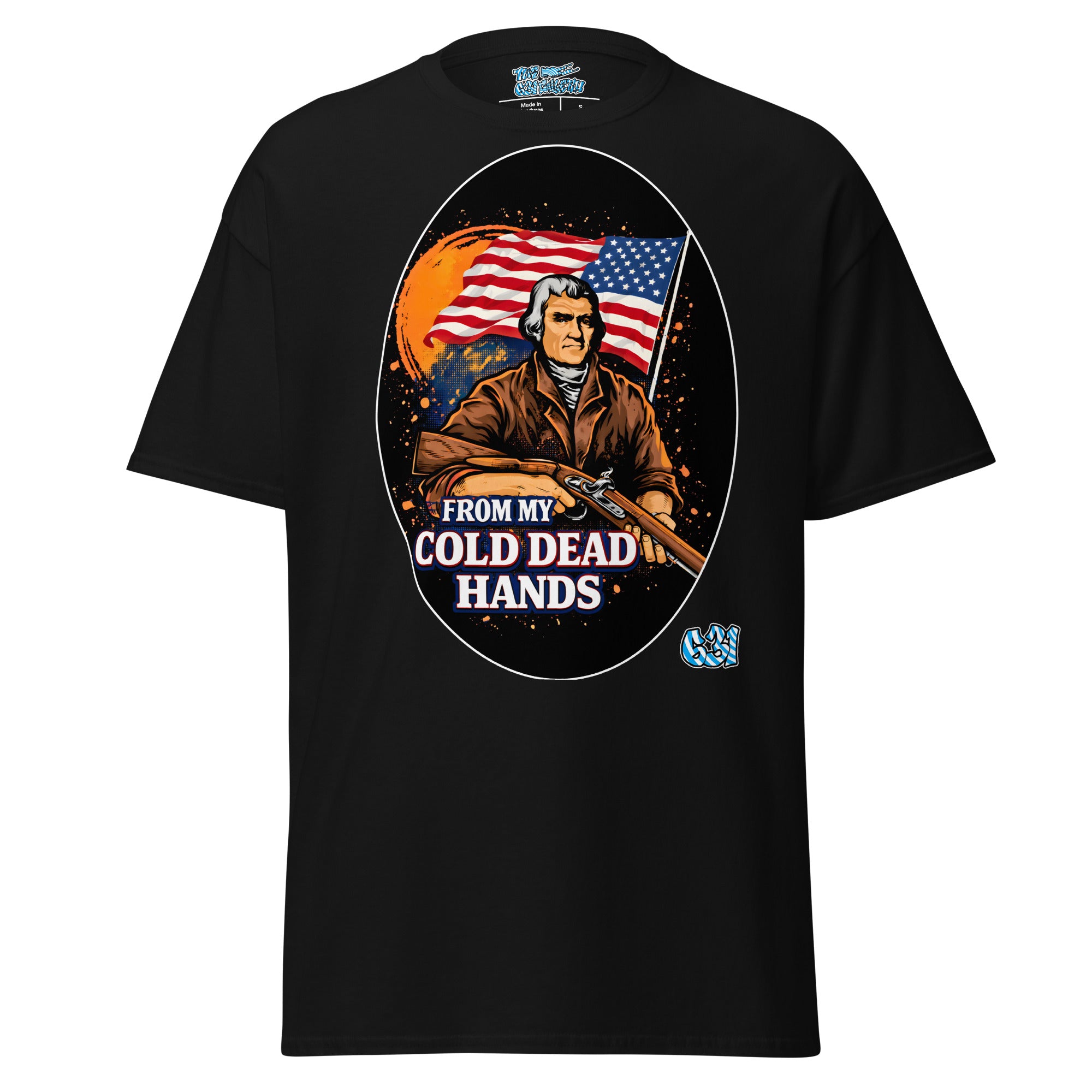 Cold Dead Hands Tee – Black graphic tee with patriotic Americana George Washington vintage artwork, front view