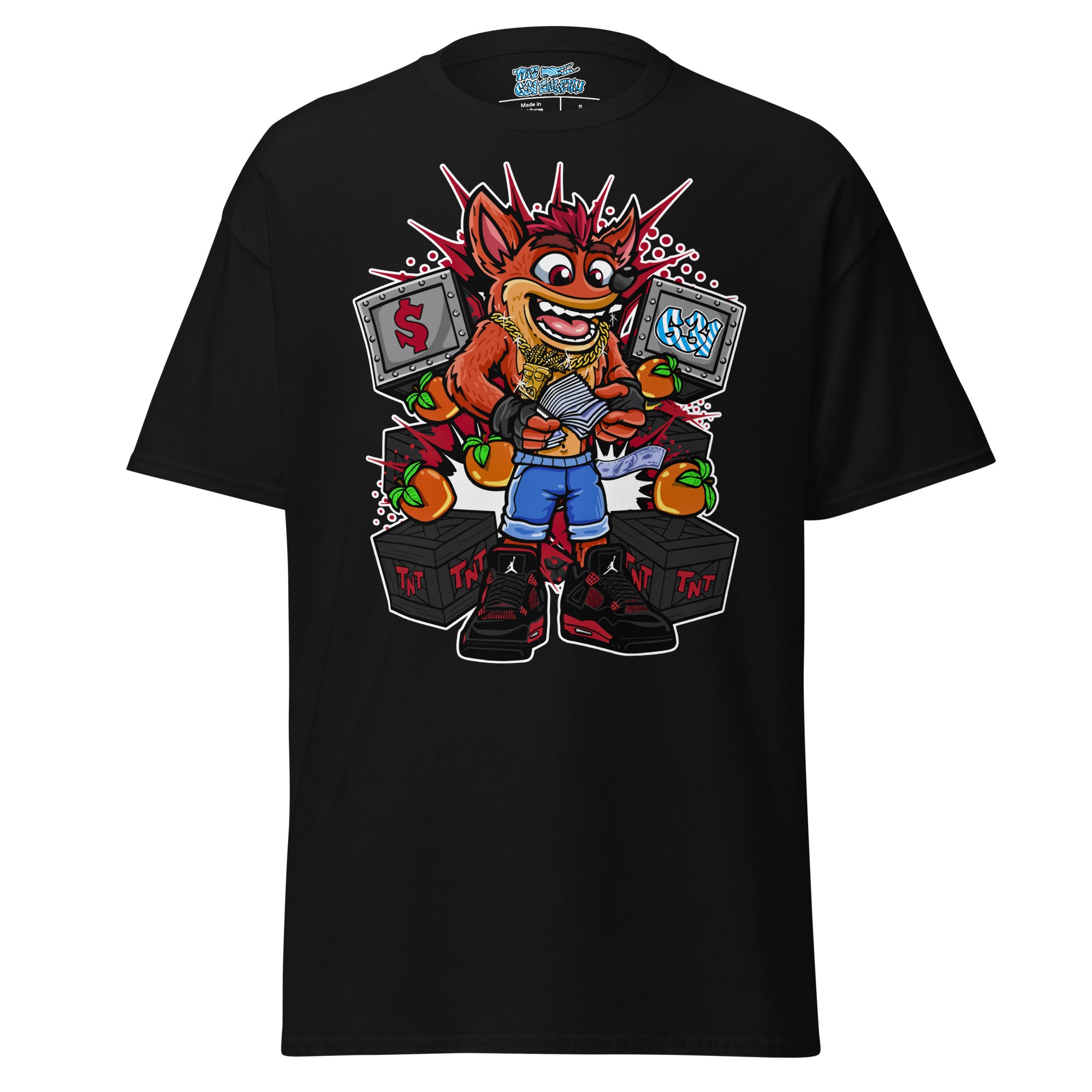 TNT Trouble Tee – Black graphic tee with Crash Bandicoot retro gaming street art print, front view