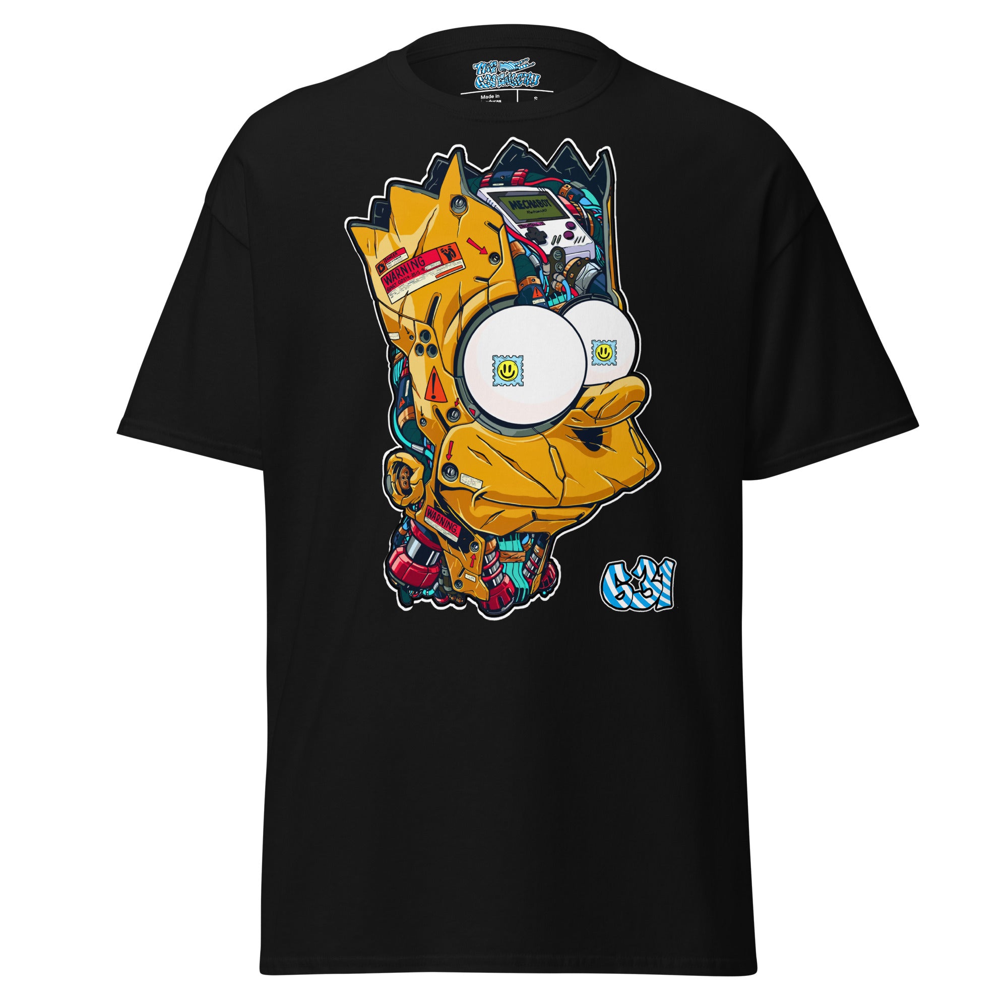 Cyber Rebel Tee – Black graphic tee with cyberpunk Bart Simpson street art print, front view