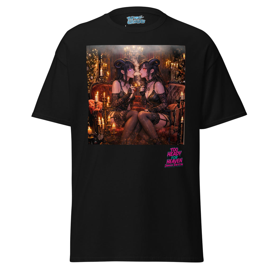 Candlelit Temptation Tee – Black graphic tee with gothic anime candlelit scene, Too Heady For Heaven x The 631 Gallery collab, front view