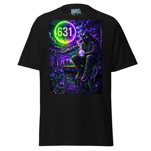 A black short-sleeve t-shirt with a large, vibrant graphic print on the front. The graphic depicts a hooded figure sitting on a city rooftop under a purple and blue stormy sky, holding a glowing orb with the number '631' inside a neon green circle.