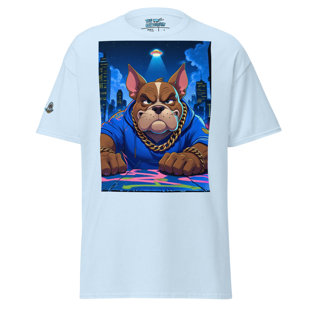 White t-shirt with a graphic of a dog in a blue hoodie and chain, set against a cityscape with a UFO.