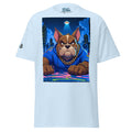 White t-shirt with a graphic of a dog in a blue hoodie and chain, set against a cityscape with a UFO.