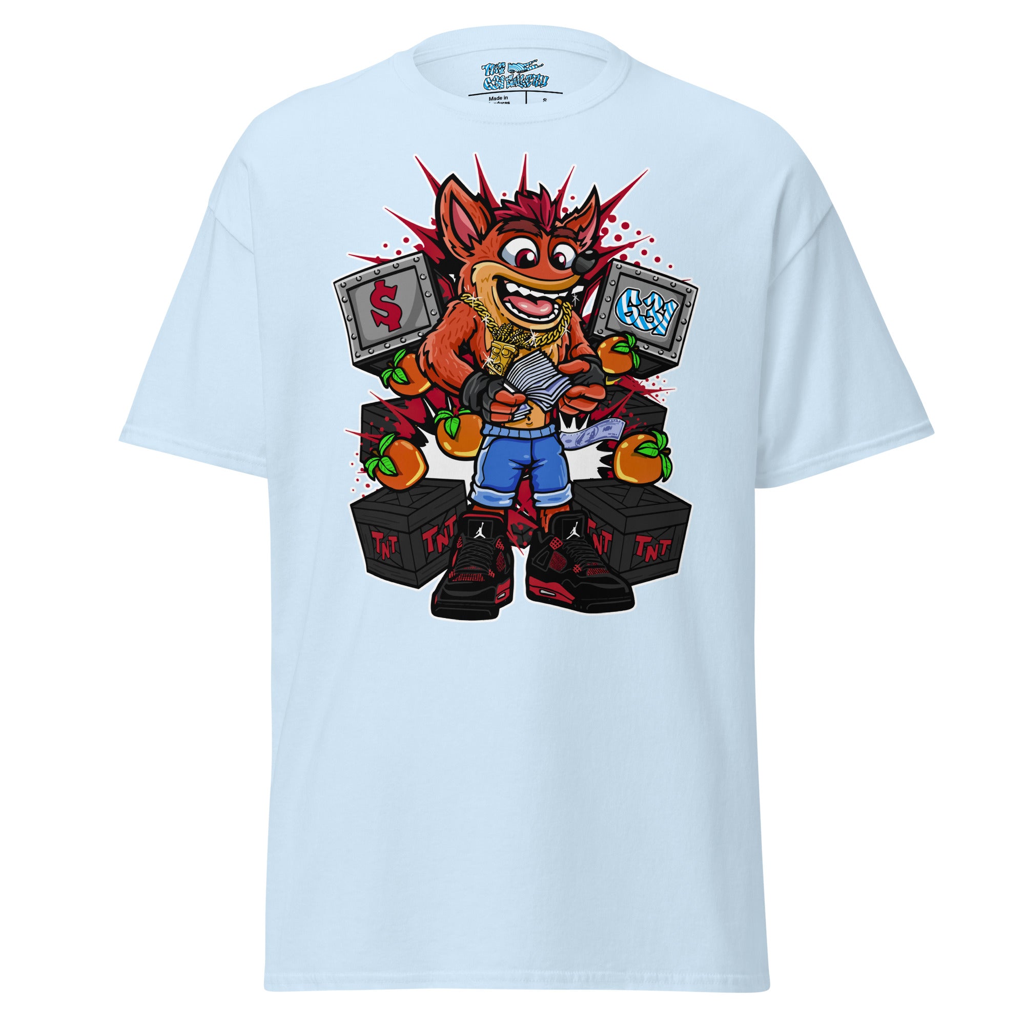 TNT Trouble Tee – Light blue color variant, The 631 Gallery premium retro gaming graphic tee
