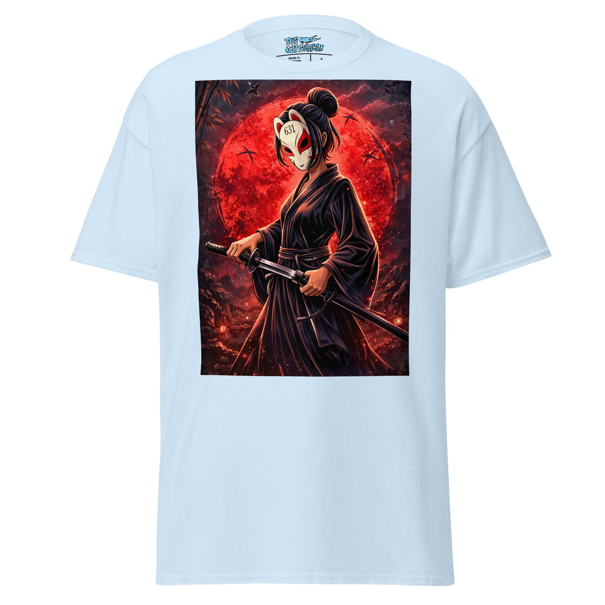 A light blue short-sleeve t-shirt with a large rectangular graphic print on the front, showing a character in a black kimono holding a sword against a red full moon background.