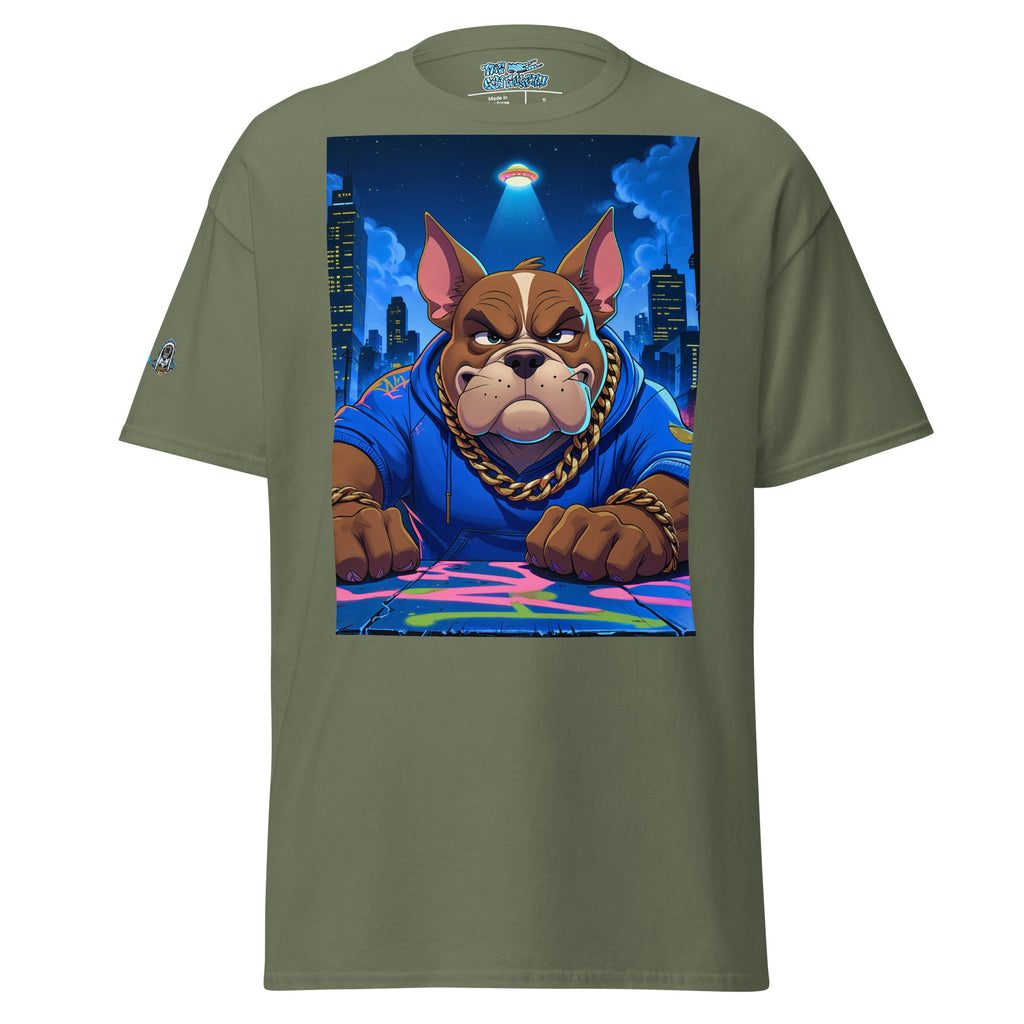 Green t-shirt with a graphic of a dog in a blue hoodie on a cityscape background