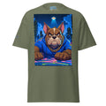 Green t-shirt with a graphic of a dog in a blue hoodie on a cityscape background