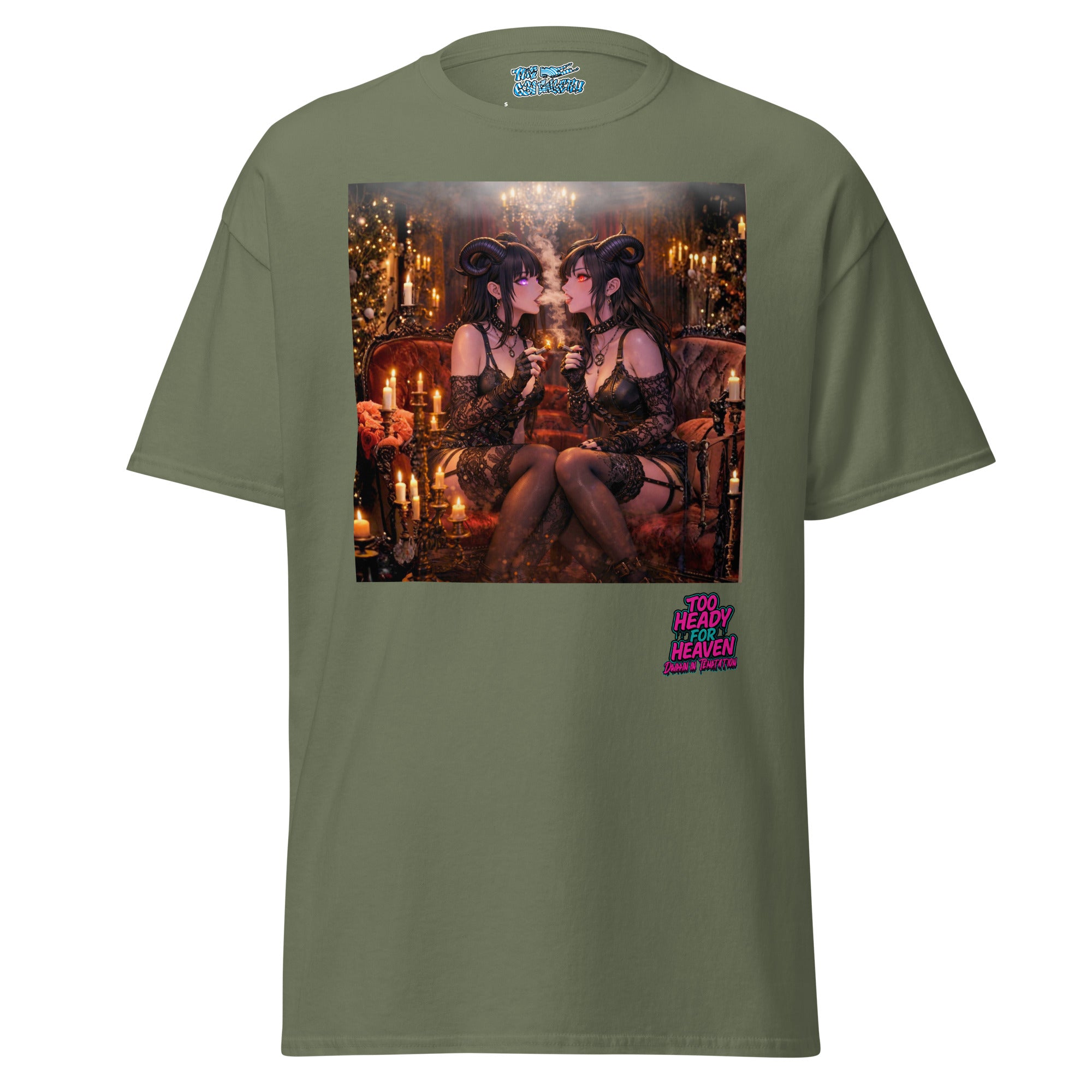 Candlelit Temptation Tee – military green graphic tee with gothic anime candlelit scene, Too Heady For Heaven x The 631 Gallery collab, front view