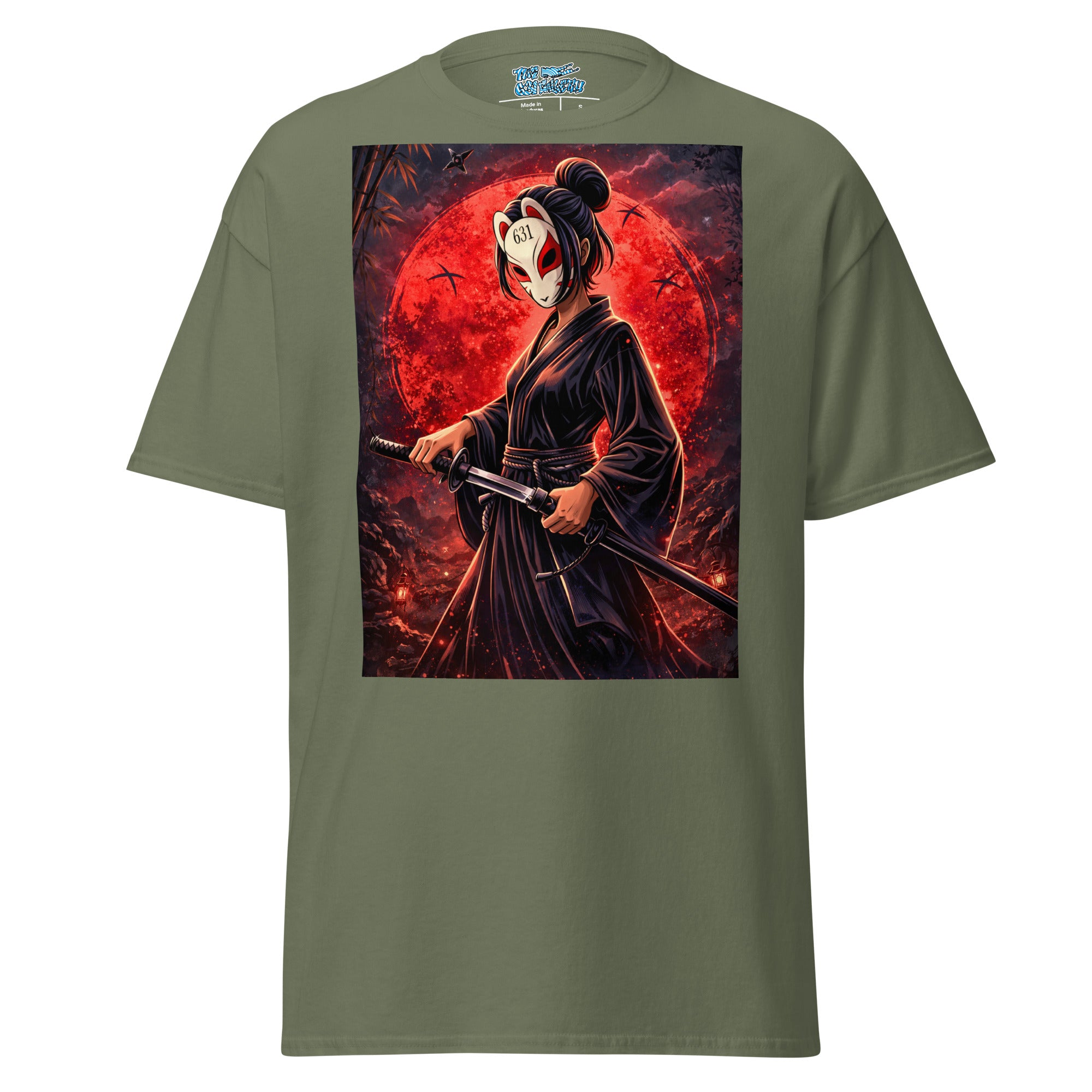 An olive green short-sleeve t-shirt with a large rectangular graphic print on the front, featuring a samurai woman in a black kimono holding a sword against a red full moon background.