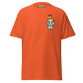 Orange t-shirt with a colorful skull design on the chest against a white background