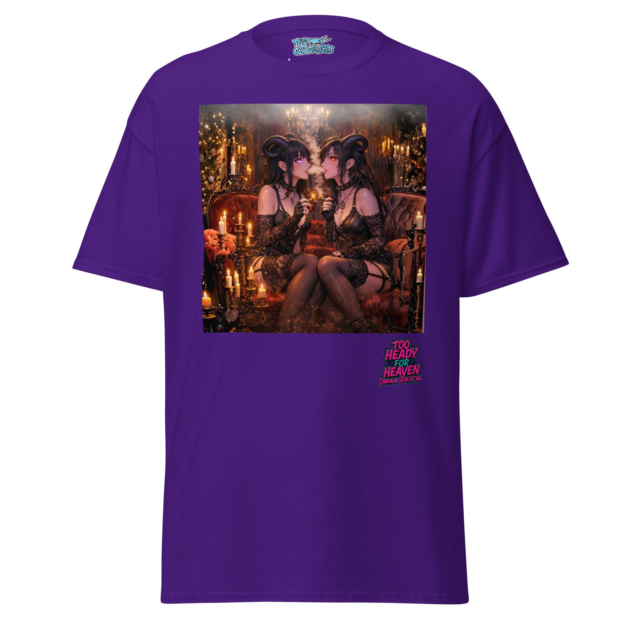 Candlelit Temptation Tee – purple graphic tee with gothic anime candlelit scene, Too Heady For Heaven x The 631 Gallery collab, front view