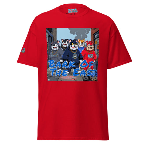 Red t-shirt with cartoon characters and 'Bark of the East' text on a white background