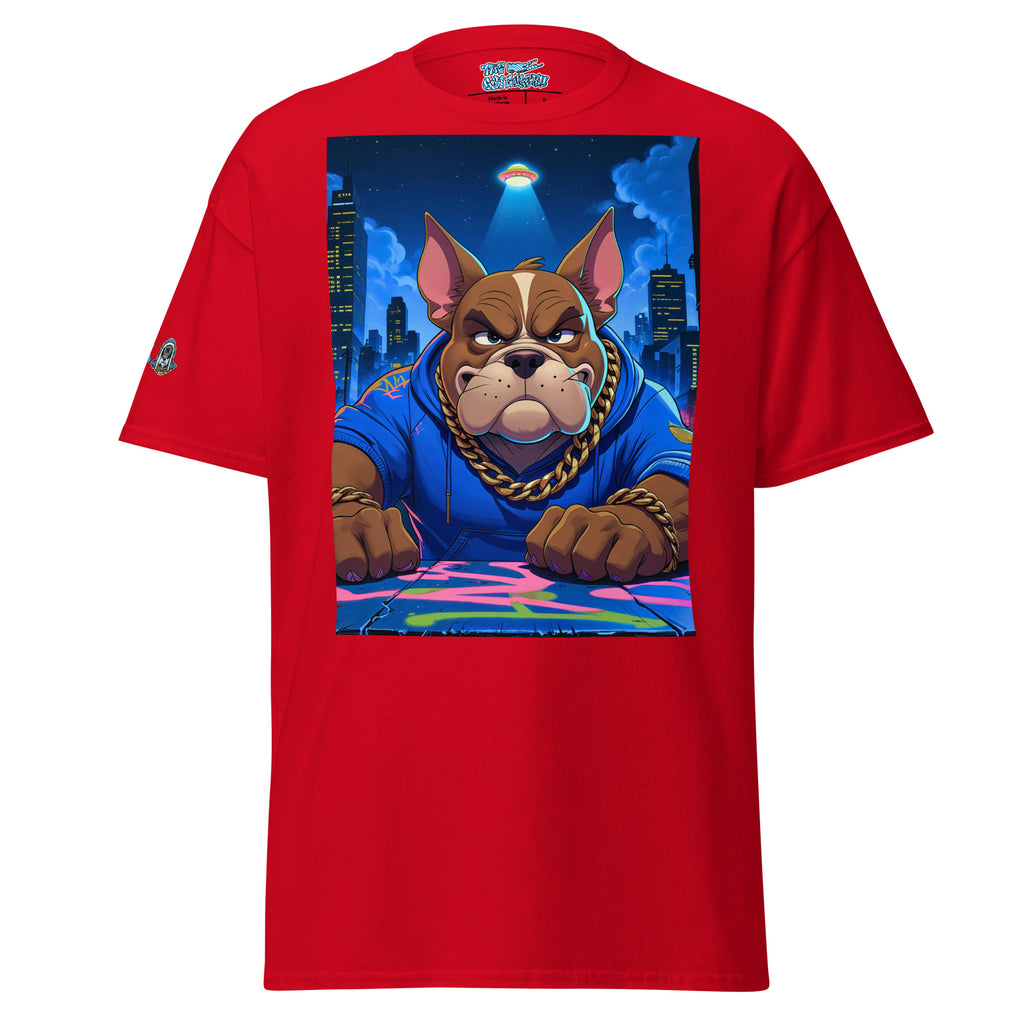 Red t-shirt with a graphic of a dog in a blue hoodie on a white background