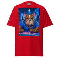 Red t-shirt with a graphic of a dog in a blue hoodie on a white background