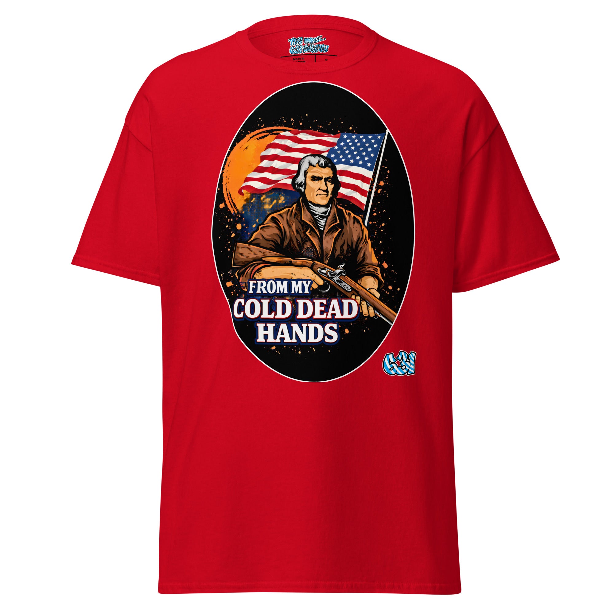 Cold Dead Hands Tee – Red color variant, patriotic Americana graphic tee by The 631 Gallery
