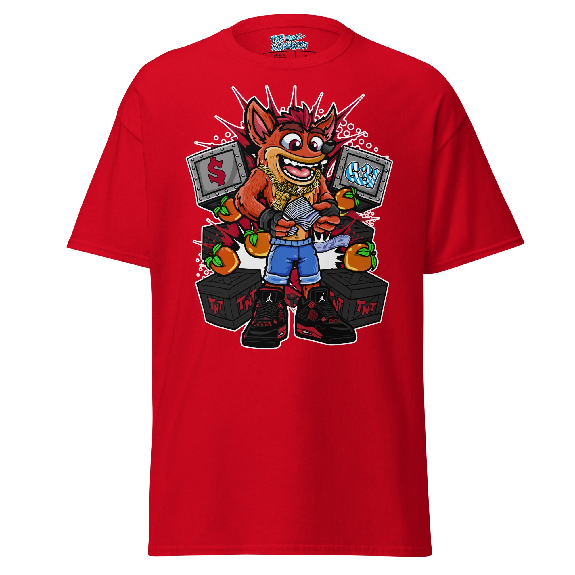 TNT Trouble Tee – Red color variant, retro gaming street art graphic tee by The 631 Gallery