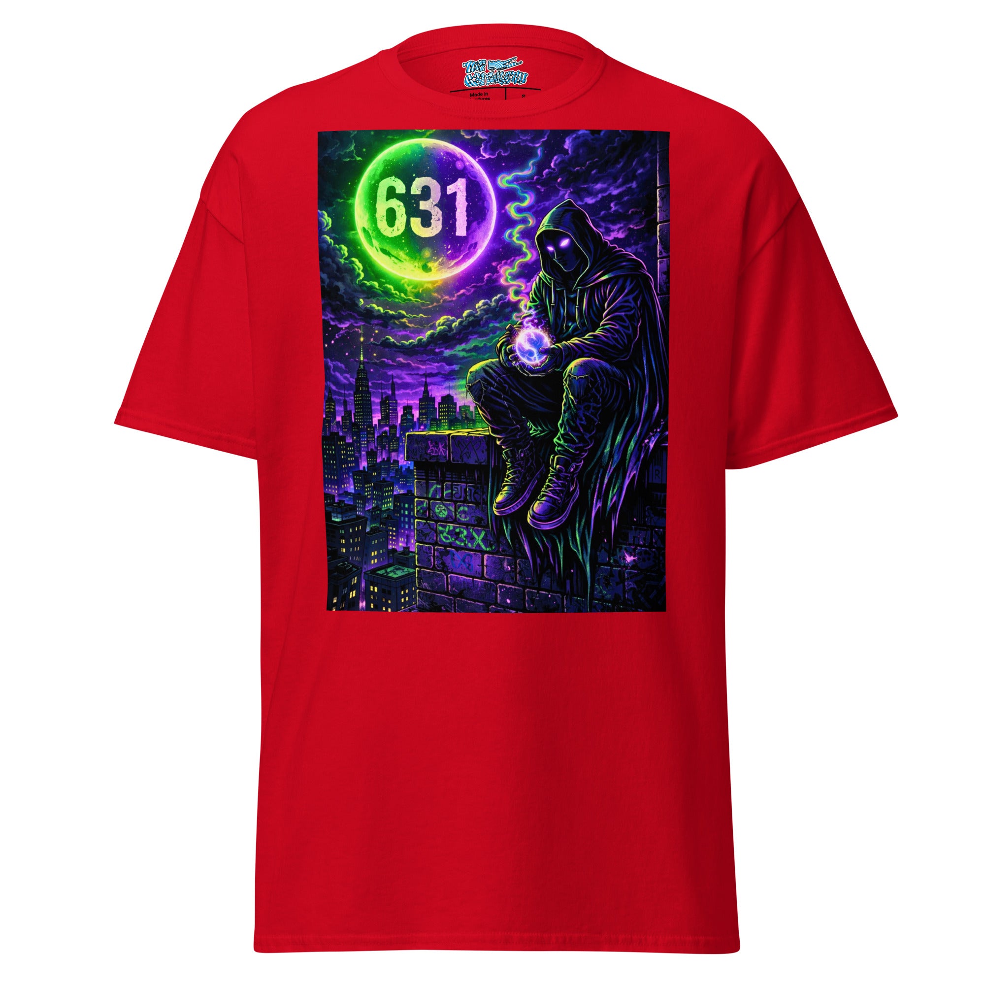 A red short-sleeve crewneck t-shirt featuring a large, colorful graphic print on the front. The graphic depicts a hooded figure sitting on a brick wall holding a glowing orb, with a purple and blue city skyline, a green and purple moon, and the number '631' written in white.