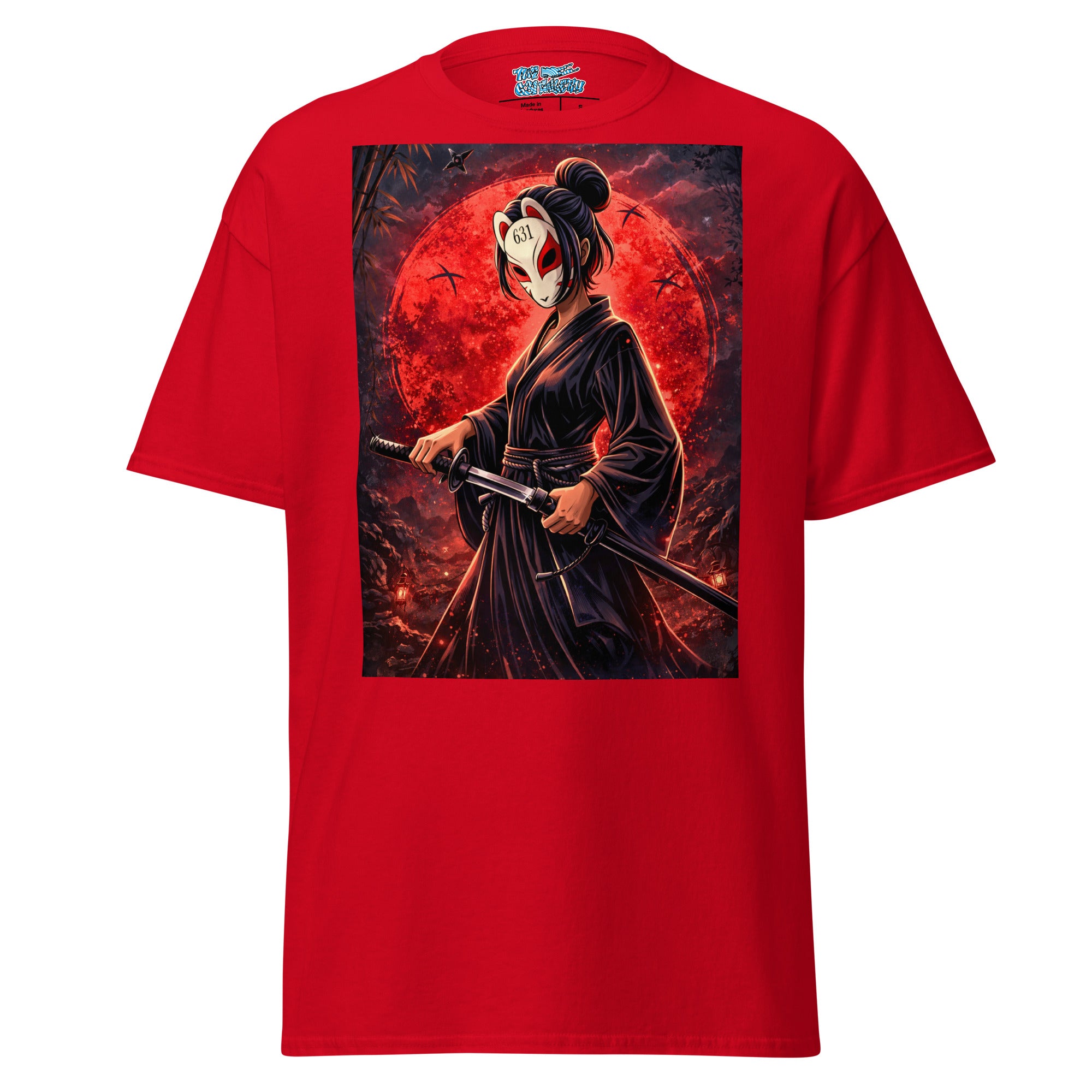 A red short-sleeve crewneck t-shirt featuring a large rectangular graphic print on the front. The graphic depicts a samurai warrior in a dark kimono holding a sword, set against a dramatic red full moon and dark forest background.