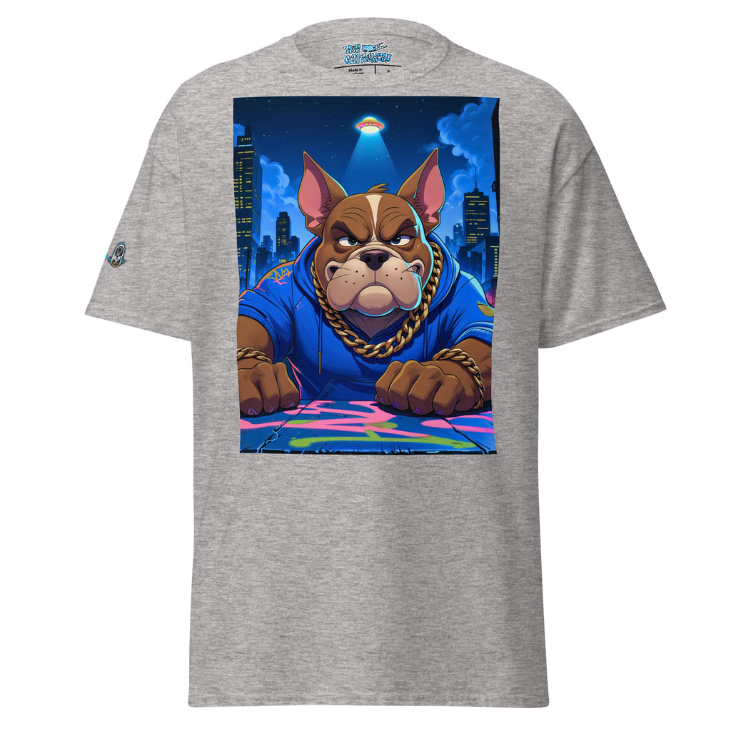 Gray t-shirt with a graphic of a dog in a blue hoodie on a colorful cityscape background.