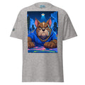 Gray t-shirt with a graphic of a dog in a blue hoodie on a colorful cityscape background.