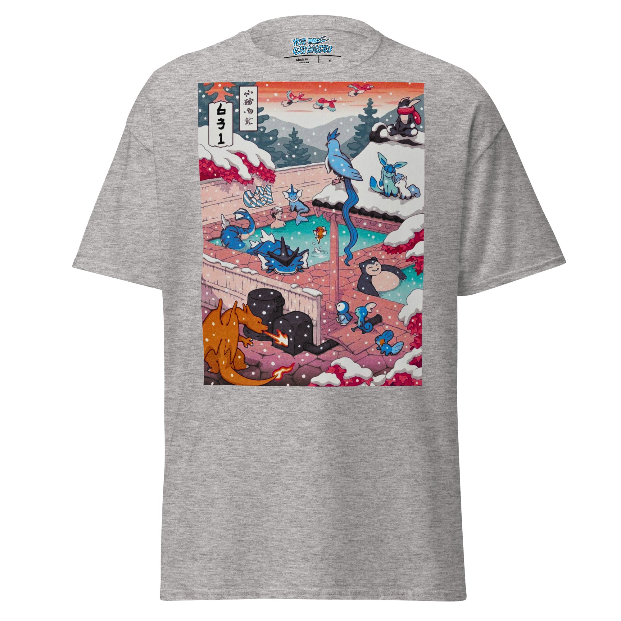 Hot Spring Retreat Tee – Sport grey color variant, Japanese woodblock art graphic tee