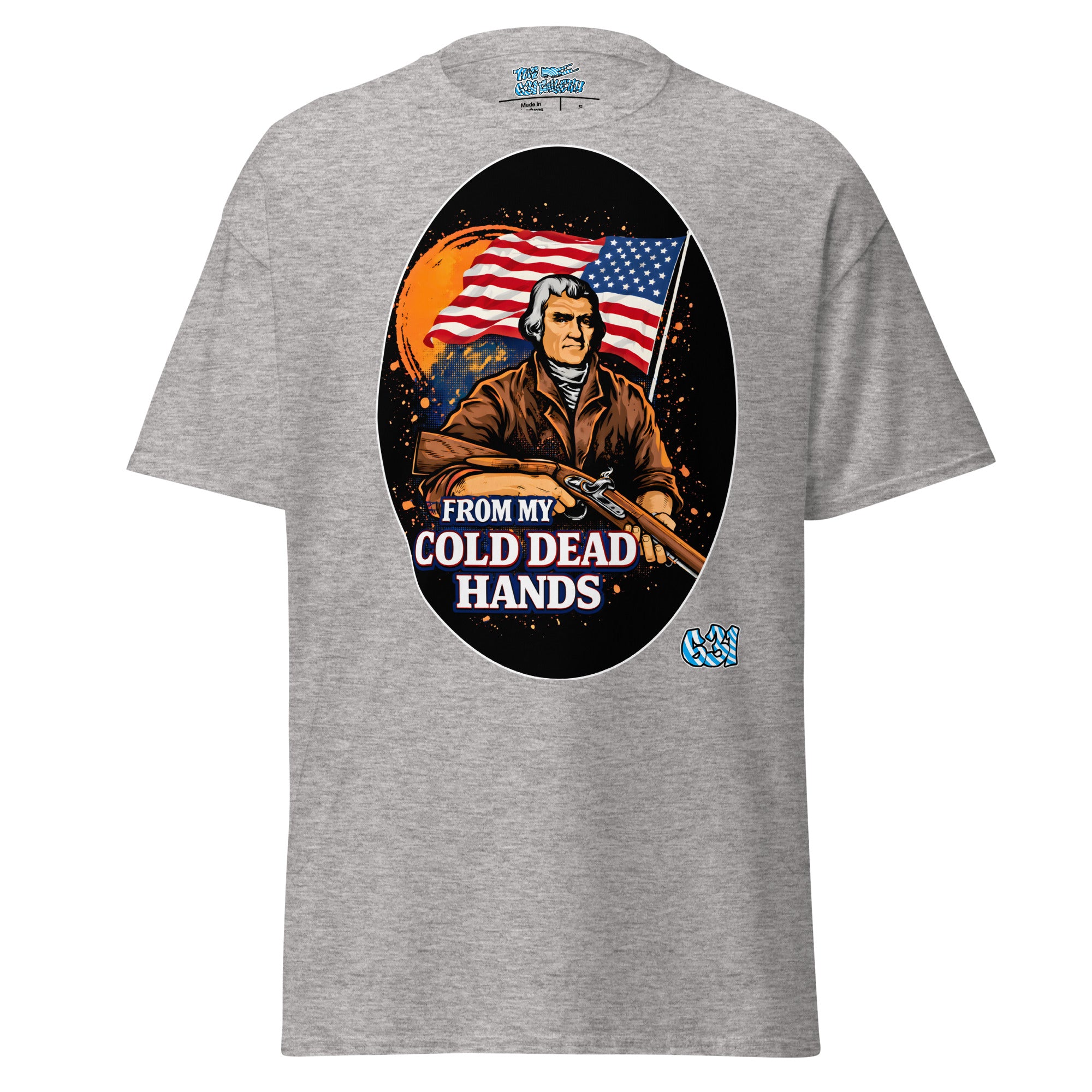 Cold Dead Hands Tee – Sport grey color variant, bold patriotic vintage graphic tee
