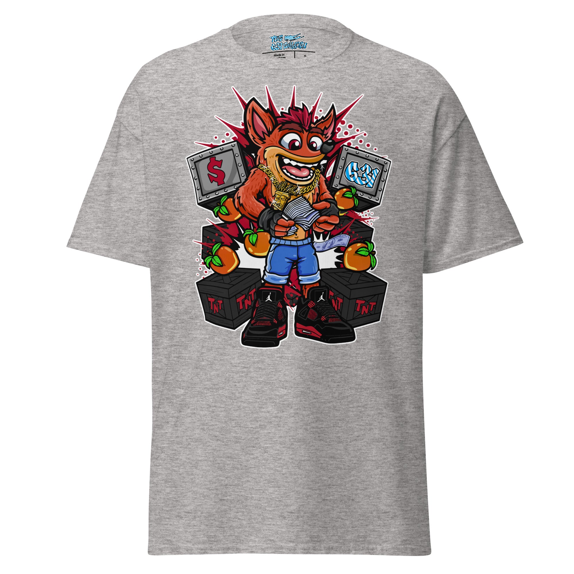 TNT Trouble Tee – Sport grey color variant, bold Crash Bandicoot nostalgia graphic tee