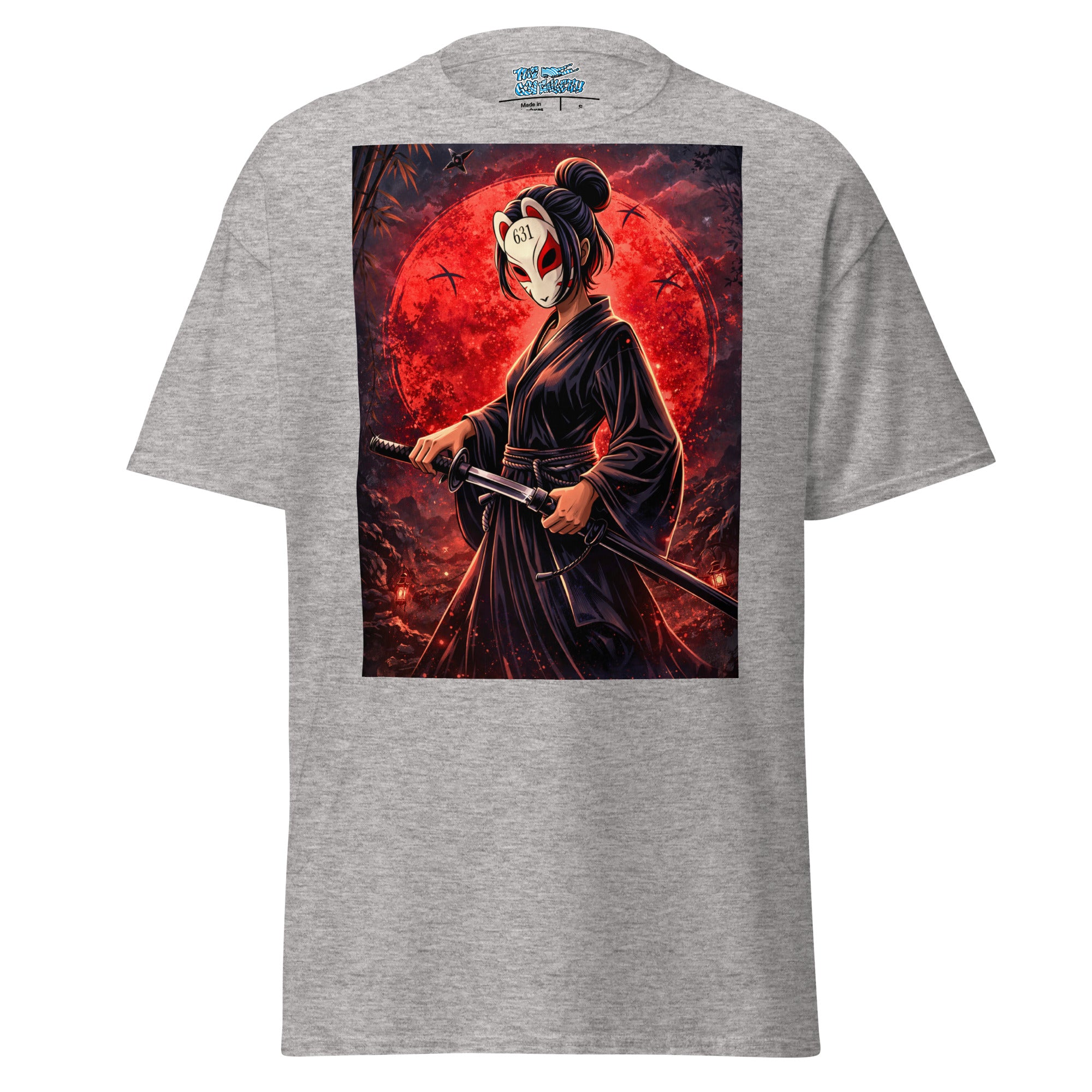 A heather gray short-sleeve t-shirt with a large rectangular graphic print on the back. The graphic depicts a samurai warrior in a dark kimono holding a sword, set against a dramatic red full moon and dark background.