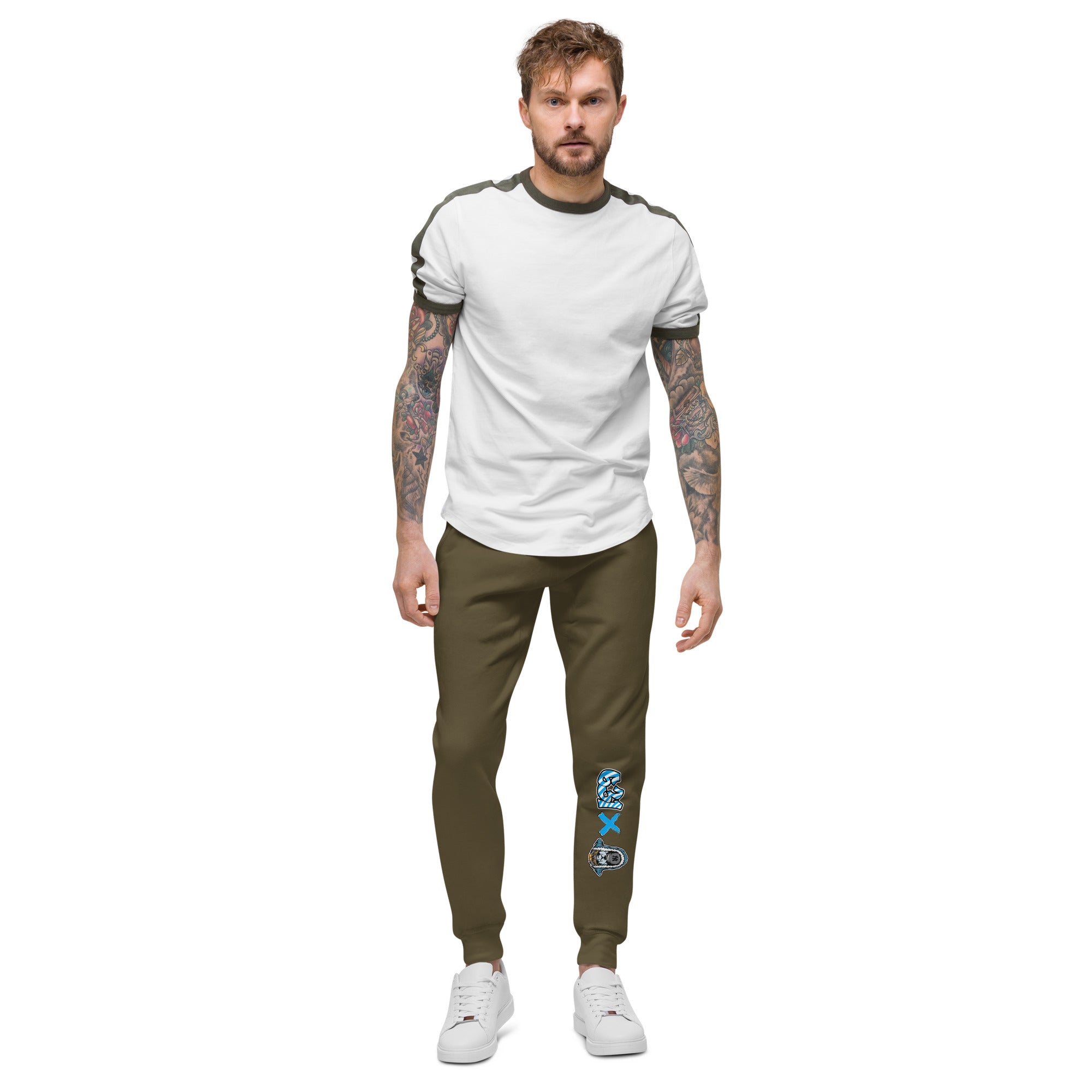 Man wearing a white t-shirt and green pants with a brand logo on a white background