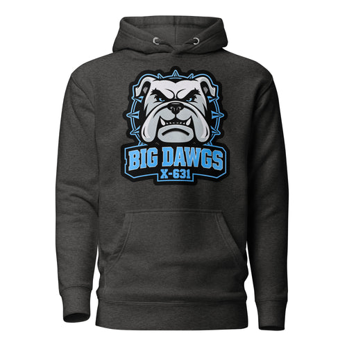 A dark heather gray hoodie featuring a large graphic print of a bulldog mascot with the text 'BIG Dawgs X-631' in light blue and white.
