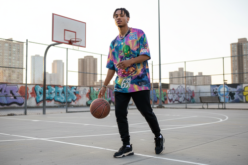 Person wearing 631 Cosmic Haze Jersey with alien graphic in urban streetwear setting - lifestyle photography
