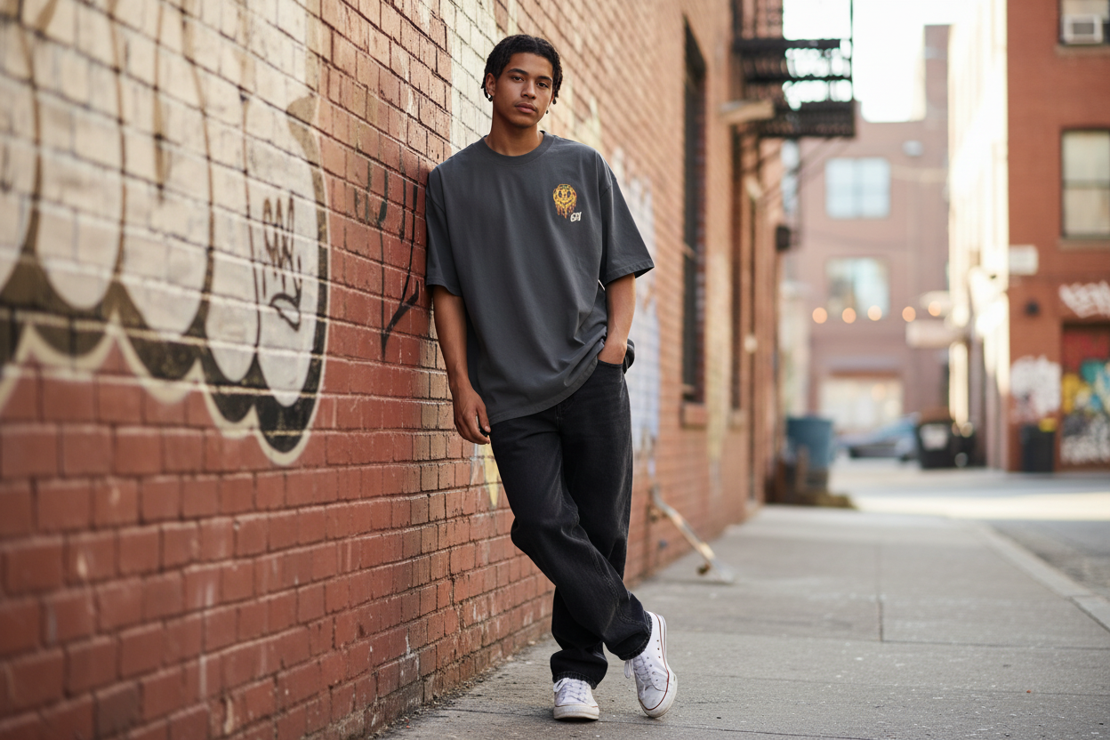 Close-up lifestyle shot of 631 Oversized Drip Faded Tee showing boxy oversized fit and vintage faded texture