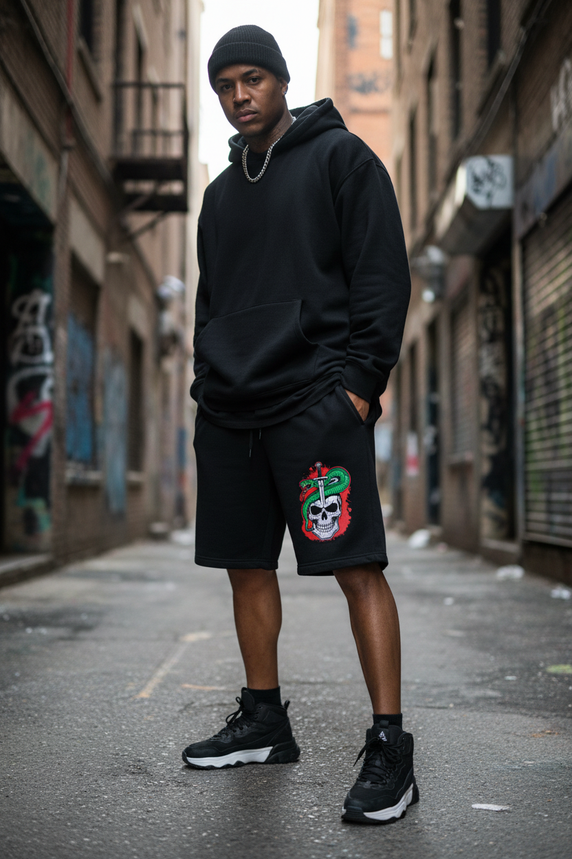 Person wearing Venom Blade fleece shorts in Long Island urban alley, fierce streetwear lifestyle photography