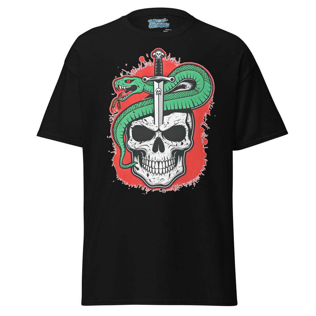 Bold Venom Blade Tee with skull, serpent, and dagger graphic for a rebellious, edgy look in streetwear fashion. Perfect for bold and powerful style.