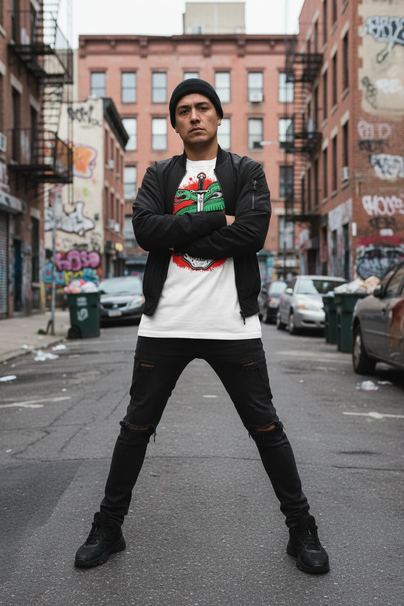 Person wearing Venom Blade graphic tee with skull, serpent, and dagger design in Long Island urban street setting, fierce rebellious streetwear lifestyle photography