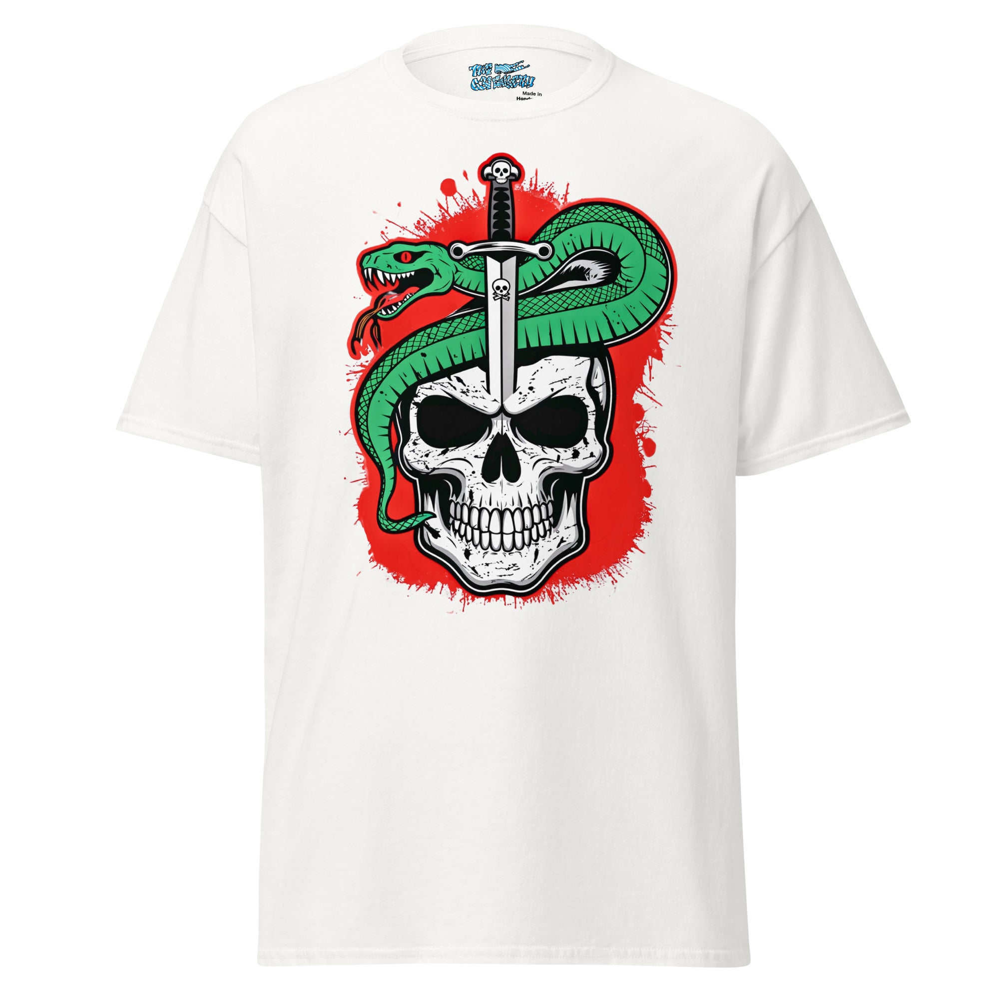 Venom Blade Tee featuring skull, serpent, and dagger graphic, symbolizing resilience and rebellion in bold streetwear style.