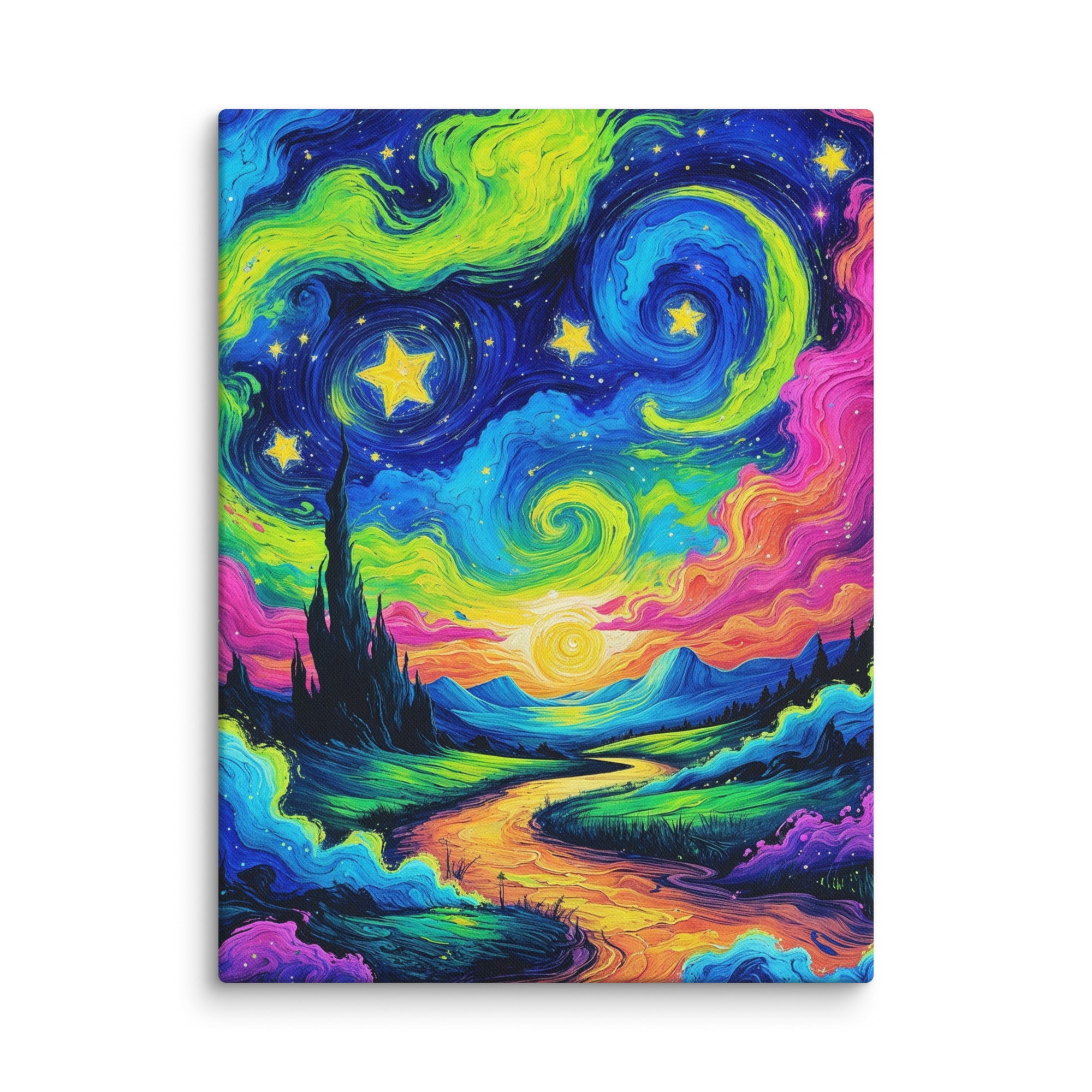 Mystic Skies canvas featuring a psychedelic starry sky, vivid colors, and cosmic vibes, perfect for creating a dreamy, energetic atmosphere.