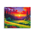 Tranquil Whispering Pines canvas with a cozy cabin sunset scene, capturing serene forest vibes for a calming atmosphere in any space.

