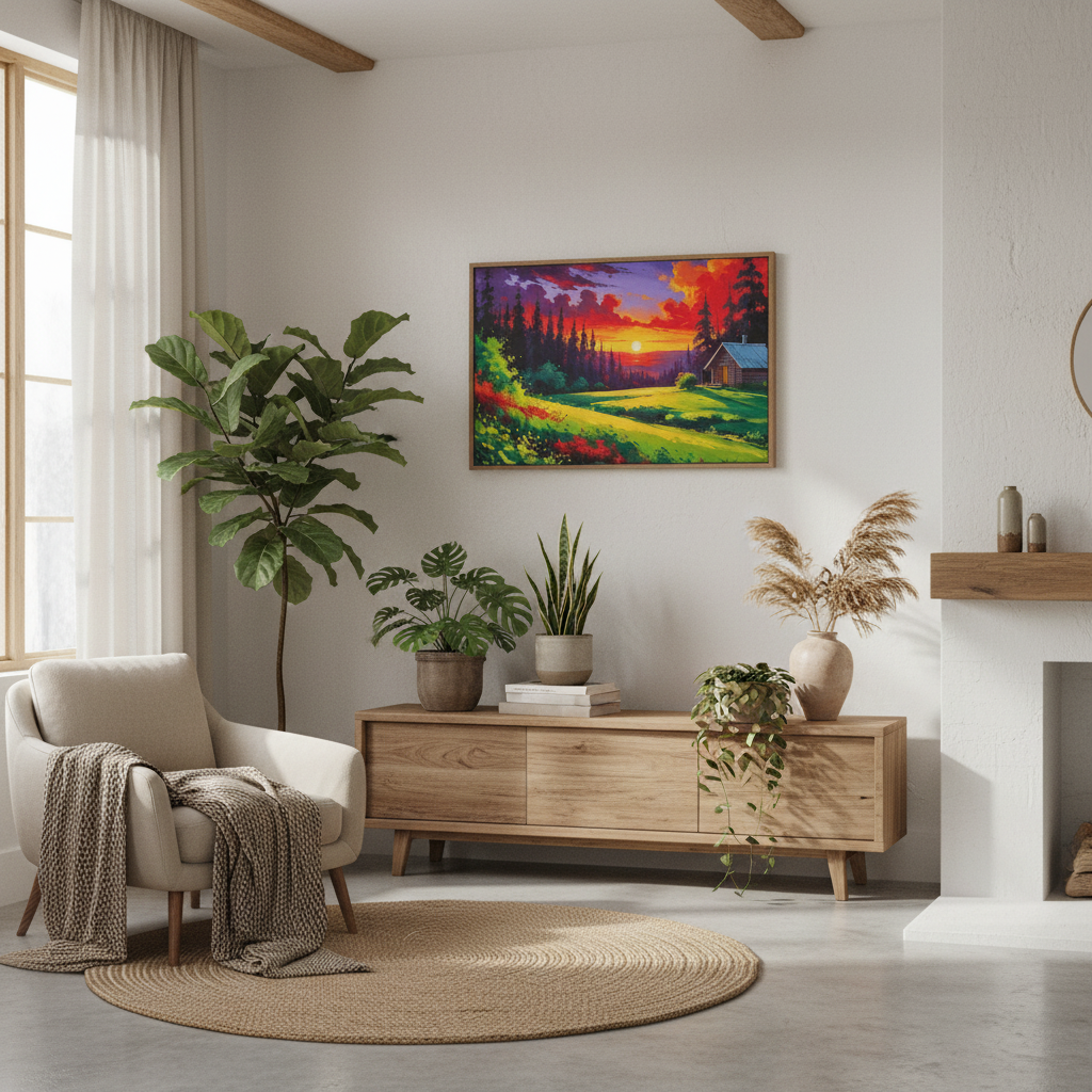 Modern living room with a wooden sideboard, plants, and a colorful painting on the wall.