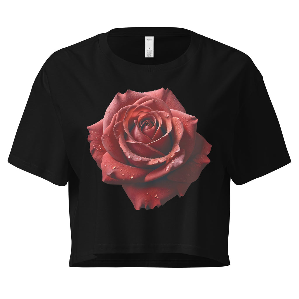 Women's rose graphic crop top in black, comfortable cropped t-shirt with botanical print