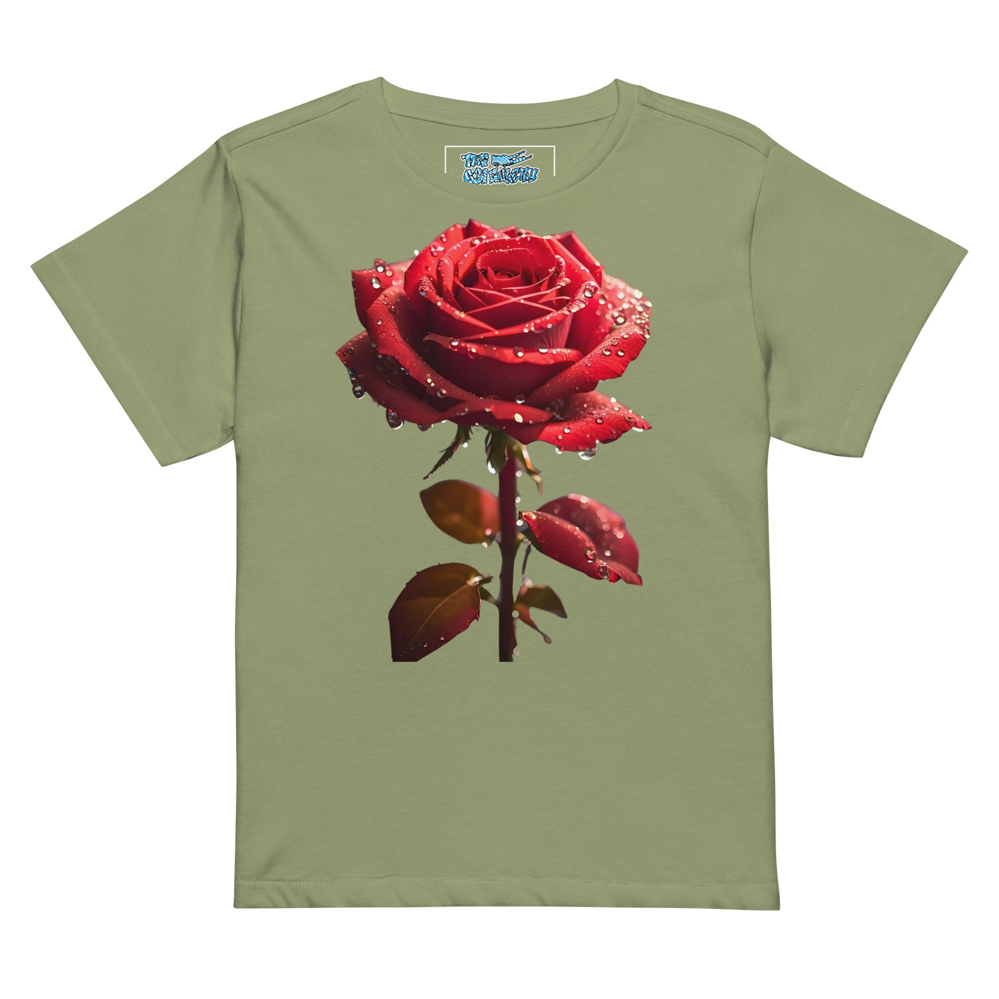 Women's high-waisted rose graphic t-shirt in forest green, soft fitted tee with rose design